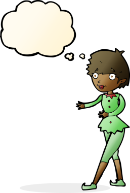 Bir insan tarafından çizilmiş düşünce balonlu Noel Elf kadını.