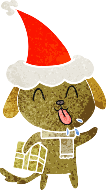 Noel hediyesi olan bir köpeğin insan tarafından çizilmiş Noel Baba şapkası taktığı hoş bir el çizimi.