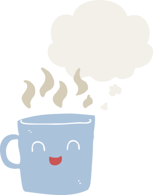 Düşünce baloncuğu olan sevimli kahve fincanı çizgi filmi bir insan tarafından çizilmiş.