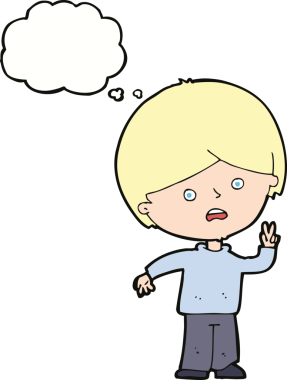 çizgi film mutsuz çocuk bir insan tarafından çizilmiş düşünce balonuyla barış işareti veriyor