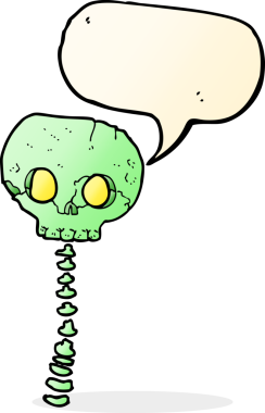 Bir insan tarafından çizilmiş konuşma baloncuğu olan ürkütücü bir kafatası ve omurga.