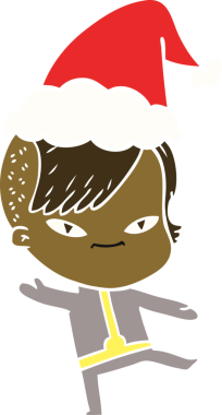 Sevimli el çizimi düz renk çizimi. Hipster saç kesimi olan bir kız. Noel Baba şapkası takıyor.