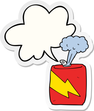 Bir insan tarafından çizilmiş konuşma balonu etiketli karikatür soda kutusu.