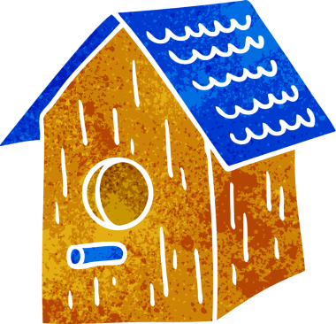 Bir insan tarafından çizilmiş ahşap bir kuş evinin retro karikatürü.