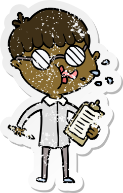 Bir insan tarafından çizilmiş, gözlüklü, klipsli gözlüklü bir çocuğun sıkıntılı çıkartması.