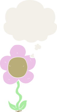 Düşünce baloncuğu olan karikatür çiçeği insan tarafından çizilmiş.