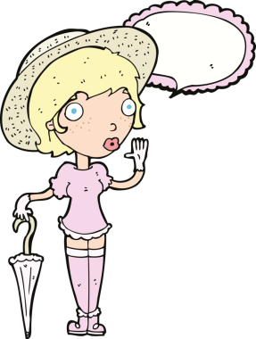 Bir insan tarafından çizilmiş konuşma balonuyla sallanan yaz şapkalı bir karikatür kadın.