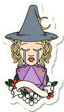 Ağlayan Elf Büyücüsü karakterinin çıkartması. İnsan tarafından çizilmiş doğal bir D20 ruloyla.