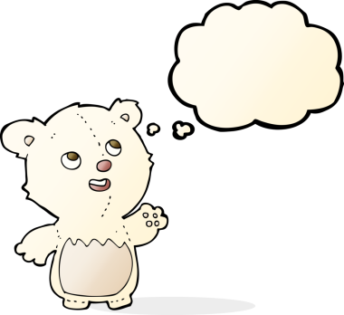 Bir insan tarafından çizilmiş düşünce baloncuğu olan mutlu küçük oyuncak ayı.