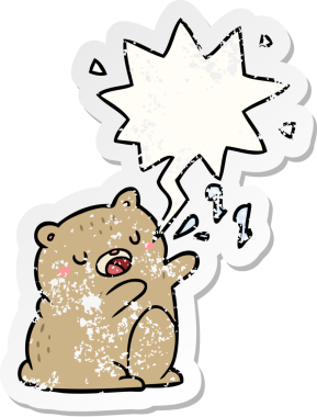 Çizgi film ayısı bir insan tarafından çizilmiş sıkıntılı eski bir çıkartma ile konuşma baloncuğu ile şarkı söylüyor