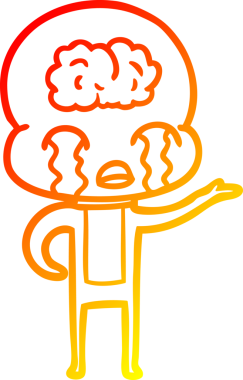 Bir çizgi filmin sıcak çizgi çizimi. Bir insan tarafından çizilmiş ağlayan büyük beyin uzaylısı.