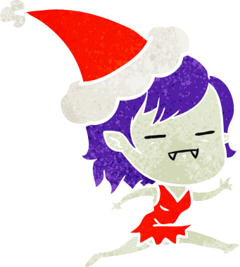 Bir insan tarafından çizilmiş Noel Baba şapkası giyen ölümsüz bir vampir kızın el çizimi karikatürü.