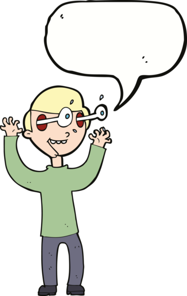 Bir insan tarafından çizilmiş konuşma baloncuğuyla gözleri fırlayan çizgi film adamı.