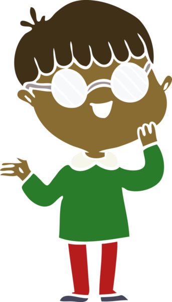 Bir insan tarafından çizilmiş gözlük takan düz renkli çizgi film çocuğu.