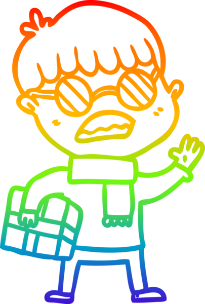 Gökkuşağı gradyan çizgisi, elinde hediye tutan ve bir insan tarafından çizilmiş gözlük takan bir çizgi film çocuğu çizimi.