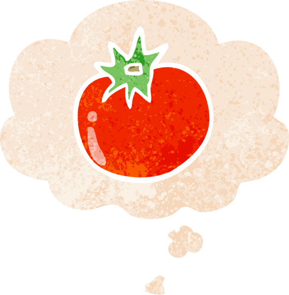Düşünce baloncuklu çizgi film domatesi grunge sıkıntılı retro dokuma tarzı bir insan tarafından çizilmiş.