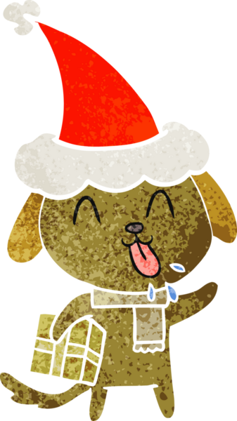 Noel hediyesi olan bir köpeğin insan tarafından çizilmiş Noel Baba şapkası taktığı hoş bir el çizimi.