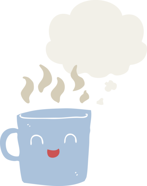 Düşünce baloncuğu olan sevimli kahve fincanı çizgi filmi bir insan tarafından çizilmiş.