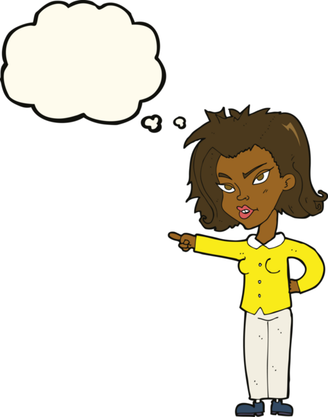 Bir insan tarafından çizilmiş düşünce balonuyla işaret eden çizgi film kadını.