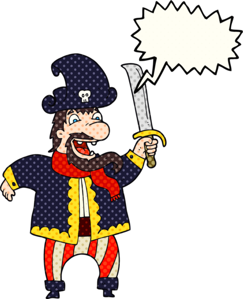 El yazısıyla çizilmiş çizgi roman konuşma balonu karikatürü gülen korsan kaptan bir insan tarafından çizildi
