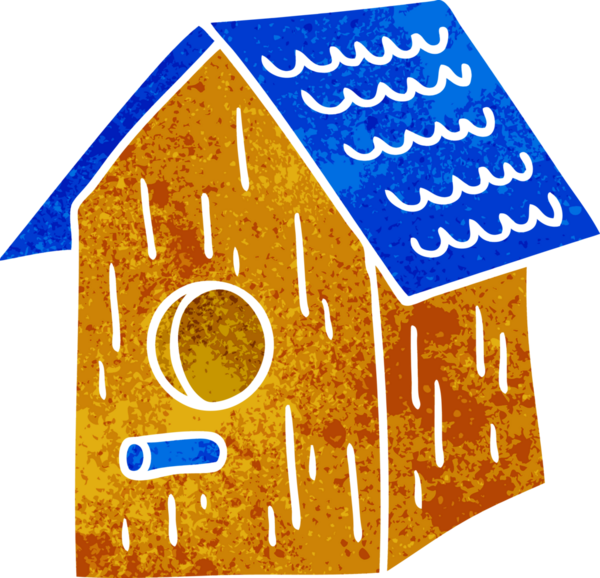 Bir insan tarafından çizilmiş ahşap bir kuş evinin retro karikatürü.