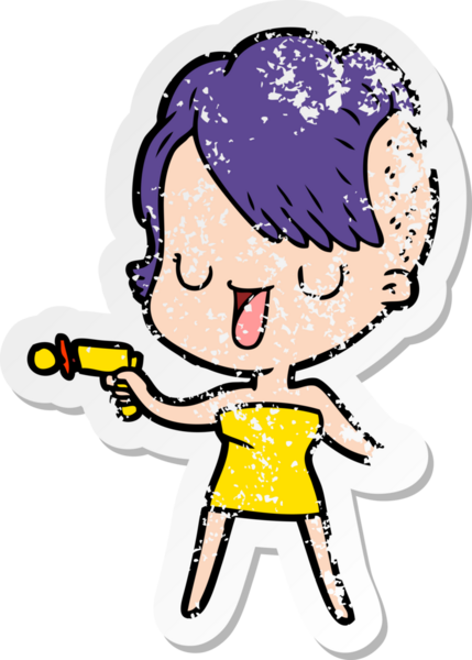 Hipster saç kesimi bir insan tarafından çizilmiş tatlı bir çizgi film kızına ait sıkıntılı bir etiket.