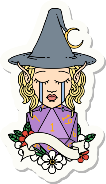 Ağlayan Elf Büyücüsü karakterinin çıkartması. İnsan tarafından çizilmiş doğal bir D20 ruloyla.