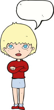 Bir insan tarafından çizilmiş konuşma balonlu çapraz kollu bir karikatür kadın.