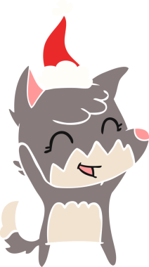 Bir insan tarafından çizilmiş Noel Baba şapkası takan bir tilkinin düz renkli çizimi.