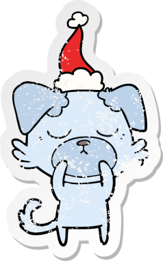 Bir insan tarafından çizilmiş Noel Baba şapkası takan bir köpeğin üzgün çıkartması çizilmiş şirin bir el.