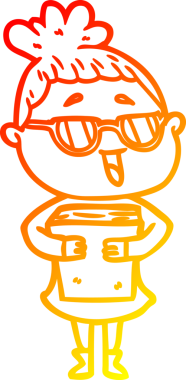 Bir insan tarafından çizilmiş gözlük takan mutlu bir kadının çizgi çizimi.