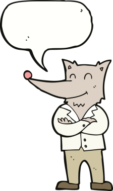 Bir insan tarafından çizilmiş konuşma balonu olan tişörtlü bir kurt.