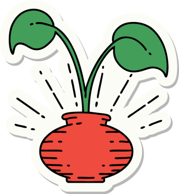 Bir insan tarafından çizilmiş vazoya dövme stili ev bitkisi yapıştırması.