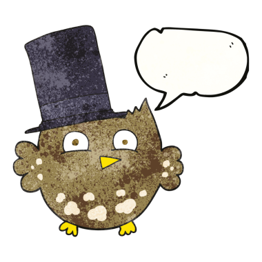 Bir insan tarafından çizilmiş silindir şapkalı küçük baykuş desenli el yazması konuşma balonu.