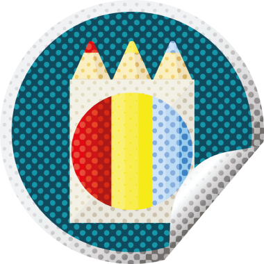 Bir insan tarafından çizilmiş renkli kalem paketi grafik vektör çizim dairesel etiketi