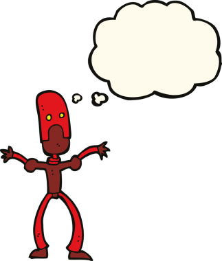 Bir insan tarafından çizilmiş düşünce baloncuklu komik robot.