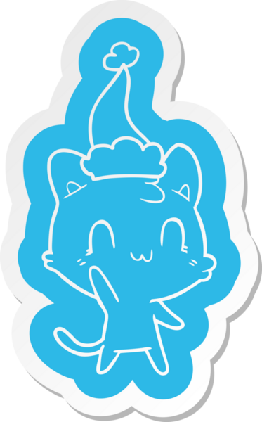 Bir insan tarafından çizilmiş Noel Baba şapkası takan mutlu bir kedinin garip çizgi film etiketi.