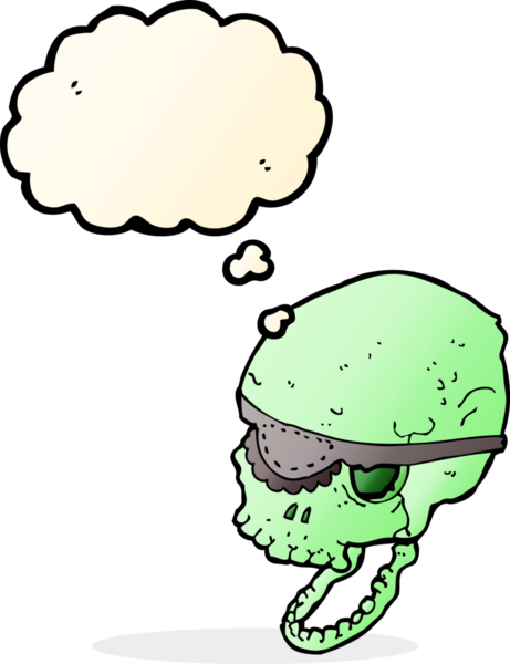 Bir insan tarafından çizilmiş düşünce baloncuklu göz bandıyla çizilmiş tuhaf bir kafatası.