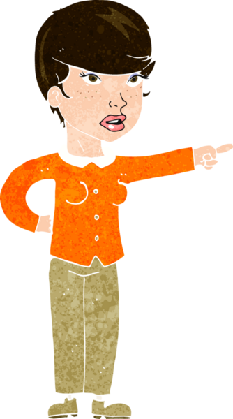 Çizgi filmdeki kadın bir insan tarafından çizilmiş suçlamaları işaret ediyor.