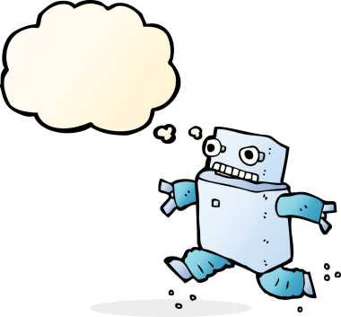 Bir insan tarafından çizilmiş düşünce baloncuğu olan çizgi film robotu