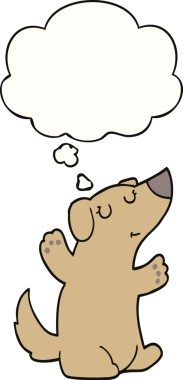 Bir insan tarafından çizilmiş düşünce baloncuklu çizgi film köpeği.