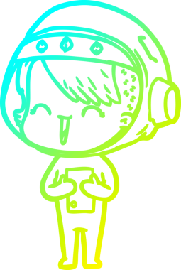 Bir insan tarafından çizilmiş mutlu bir uzay kızının soğuk çizgi çizimi.