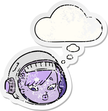 Düşünce baloncuklu karikatür astronot yüzü bir insan tarafından çizilmiş yıpranmış bir çıkartma gibi.