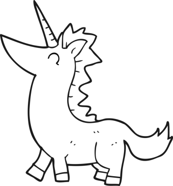 Bir insan tarafından çizilmiş siyah beyaz tek boynuzlu at.