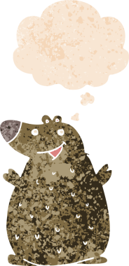 Düşünce baloncuklu çizgi film mutlu ayı grunge sıkıntılı retro tarzı bir insan tarafından çizilmiş