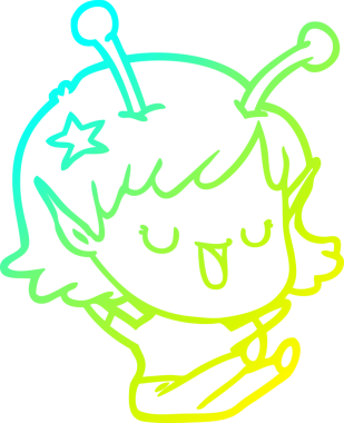 Bir insan tarafından çizilmiş mutlu uzaylı kız çizgi filminin soğuk gradyan çizimi.