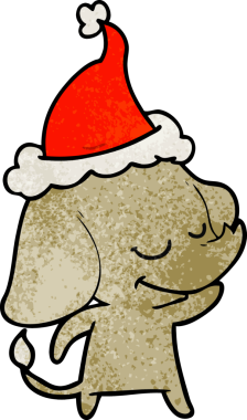 Bir insan tarafından çizilmiş Noel Baba şapkası takan gülümseyen bir filin el çizimi.