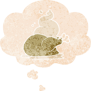 Düşünce baloncuklu çizgi film pişirilmiş tavuk grunge sıkıntılı retro dokuma bir insan tarafından çizilmiş