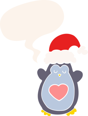 Bir insan tarafından çizilmiş retro tarzı konuşma baloncuğu olan sevimli bir Noel pengueni.