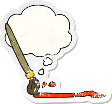 Düşünce baloncuklu karikatür fırçası insan tarafından çizilmiş yıpranmış bir çıkartma gibi.